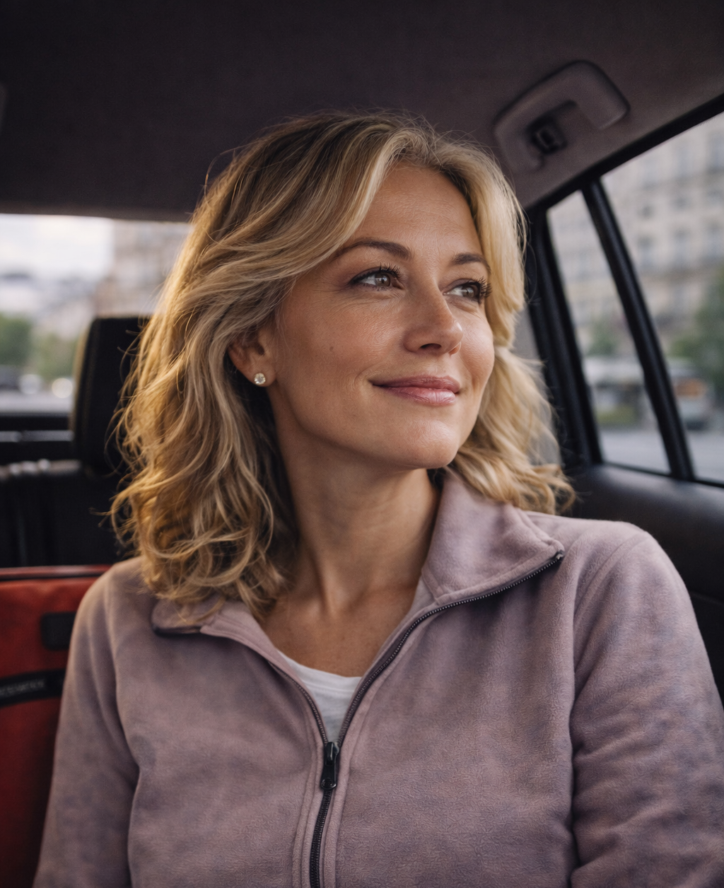 Femme souriante assise à l'arrière d'un taxi conventionné dans le Haut-Rhin