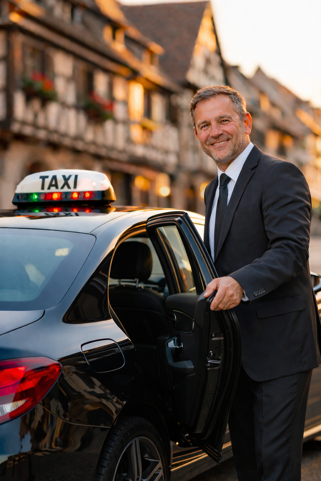 Chauffeur Taxi MediGO ouvrant la portière pour un patient dans le Haut-Rhin